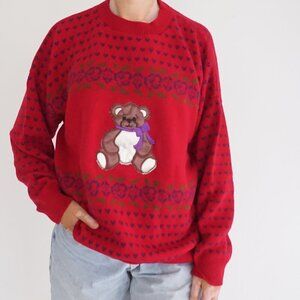 Vintage Kate Collins Red Cotton Knit Teddy Bear Sweater Whimsical Hearts M